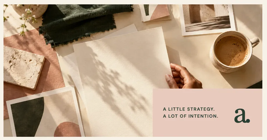 Brand moodboard with cream paper, dark olive fabric, blush and terracotta swatches, coffee, and a strategy message